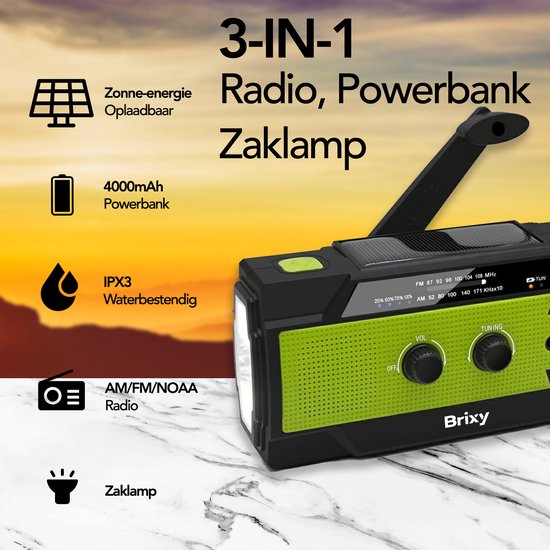 Brixy Emergency Radio - Radio mit Batterie für Notfälle - 4000 MAH - aufwickelbar - Solar - Taschenlampe - Powerbank - Grün