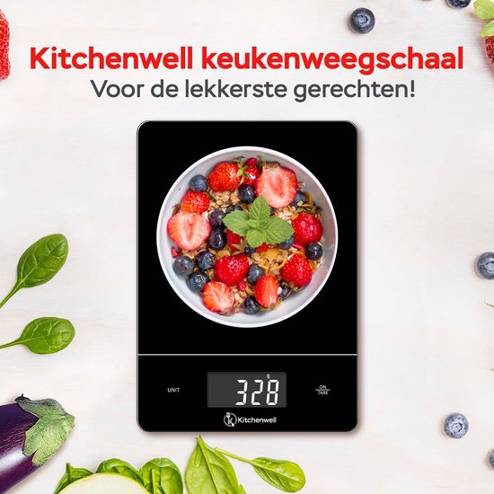 Kitchenwell Digitale Präzisions-Küchenwaage - Waage Küche - 1gr - 15kg - Tara-Funktion - USB wiederaufladbar - Schwarz