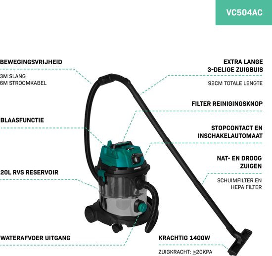 VONROC Nass- und Trockensauger / Staubsauger - 1400W - Einschaltautomatik - Blasfunktion - 20L Edelstahlbehälter - 3m Schlauch - 6m Netzkabel