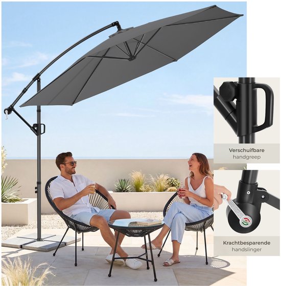 tectake® Schwebeschirm mit Sockel – 3 x 3 m – Gartenschirm – Schwenkbar – Wasserabweisendes Polyester mit UV-Schutz – Inklusive Schutzhülle – Grau