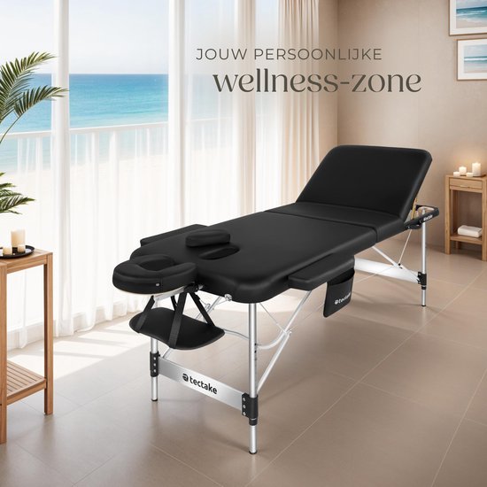 tectake® 3-Zonen-Massagetisch - 70cm breit - Behandlungsliege mit 5cm dicker Polsterung und Aluminiumrahmen - Inklusive 15 Kopfstützentüchern und Tragetasche - Maximale Belastbarkeit 230kg - Schwarz