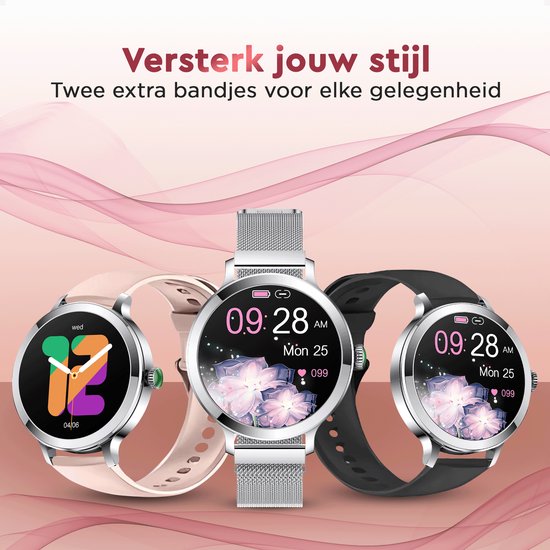 Golden Sound AMOLED Smartwatch Ladies - 3 zusätzliche Armbänder - Geeignet für jeden Laptop und jedes Smartphone - Schrittzähler - Schlafüberwachung - Sättigungsüberwachung - 40mm - Silber