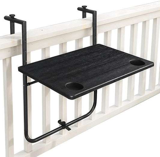 Goliving Balkontisch - klappbar - hängend - 60 x 40 cm - in 3 Höhen verstellbar - wetterfest - 2 Becherhalter - Schwarz