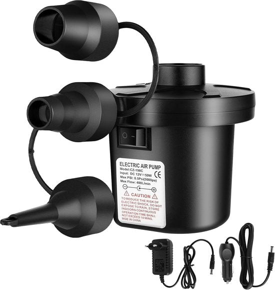Travelhawk Elektrische Luftpumpe - Elektrische Pumpe Luftbett - Inklusive Stecker und Autoladegerät - Kompakt - Praktisch für Camping - 12V und 220V -.