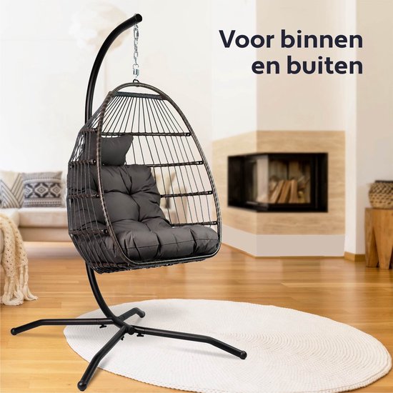 Vita5 Egg Hanging Chair - Indoor und Outdoor - Cocoon Chair - mit Ständer - bis zu 150kg - faltbar - inkl. Kissen - Dunkelbraun