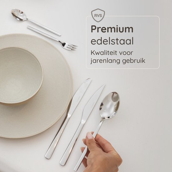 Deleca 6 Personen Luxus-Edelstahl-Besteck-Set Amor (36 Teile) - Löffel, Messer, Gabeln, Steakmesser & Kuchengabeln - spülmaschinenfest - Silbernes Design-Besteck - 18/0 Edelstahl
