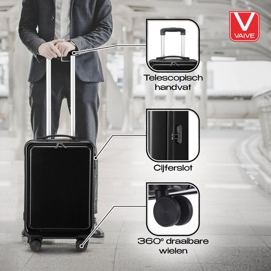 VAIVE Handgepäck Koffer mit Fronttasche - 43L Koffer - Leichter Trolley - Schwarz