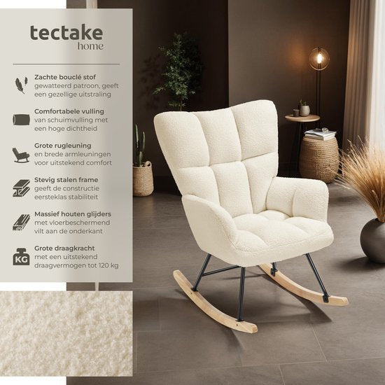 tectake Schaukelstuhl Torve - Gepolsterter Bouclé-Stoff-Schaukelstuhl im Scandi-Stil - Entspannungssessel mit Holzgleitern, weicher Polsterung und hoher Rückenlehne für optimalen Komfort - 70 x 96 x 97 cm - Beige