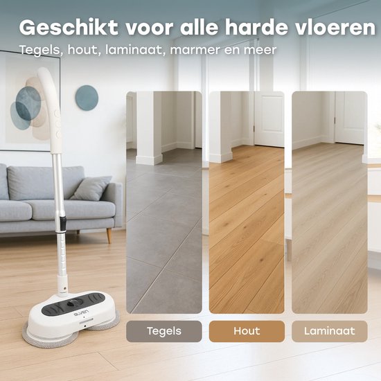 Ølven Elektro-Mopp - Schnurlos - Bodenreiniger - Sprühfunktion - LED-Beleuchtung - 50W - Verstellbar - Weiß