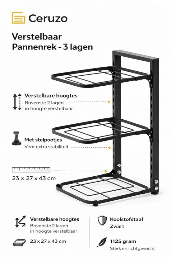Ceruzo Verstellbarer Topf- und Pfannenständer - 3 Schichten - Platzsparend - Kohlenstoffstahl - 23 x 27 x 43 cm
