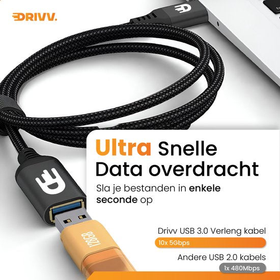 Drivv. Premium USB-Verlängerungskabel 3.0 - Stecker zu Buchse - USB-Datenkabel - schnelle Übertragung - 5Gbps - Nylon - 1 Meter - Schwarz