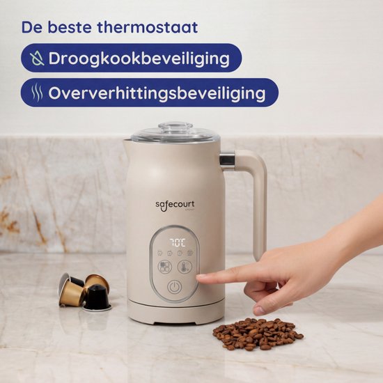 Safecourt kitchen Elektrischer Milchaufschäumer - 100% PFAS-frei - Display & Temperaturkontrolle - 4-in-1 - 350ml - Beige
