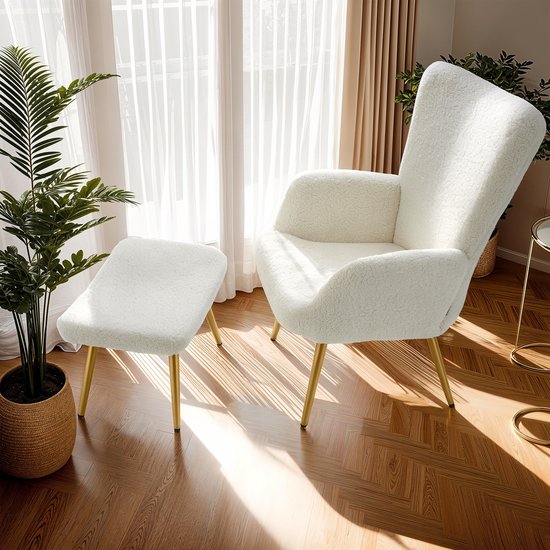 tectake Sessel im skandinavischen Stil - Mit Fußhocker - Teddy Chair Hygge - Sessel für Wohnzimmer, Schlafzimmer - Loungesessel - Goldfarbene Metallbeine - Belastbarkeit bis 150 kg - Creme