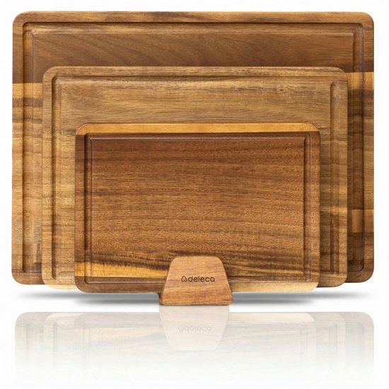 Deleca 3-teiliges Schneidebrett-Set Sevilla mit Halter - Schneidebretter (40x30 | 33x24 | 26x18 cm) - Für die Küche, Servierbrett, Käsebrett, Trinkbrett, Schneidebrett und Tapasbrett - FSC-Akazienholz