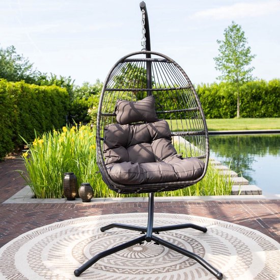 Vita5 Egg Hanging Chair - Indoor und Outdoor - Cocoon Chair - mit Ständer - bis zu 150kg - faltbar - inkl. Kissen - Dunkelbraun