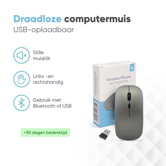 Trendfield Wireless Mouse - Wiederaufladbare Computermaus - Bluetooth - Ergonomische Maus mit Silent Click - Geeignet für alle Laptops - Space Grey