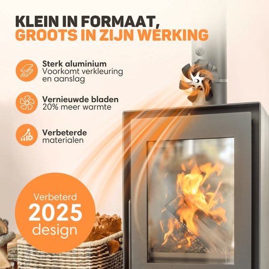 Vulpes Goods® Tech - Ofenventilator für Kaminöfen - Kaminofenventilator - Ecofan - Wärmeventilator - 6 Flügel - Inkl. Thermometer & Handschuh - PRO Version