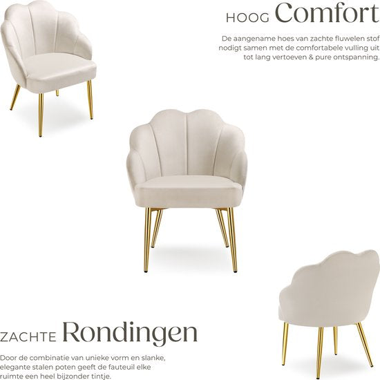 tectake Cocktailsessel - Gepolstert mit Samtbezug - Weich gepolstert - Geschwungene Rückenlehne - Beine aus pulverbeschichtetem Stahl - Creme/Gold
