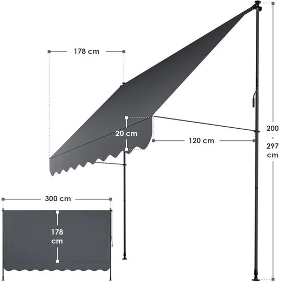 Vordach / Klemmmarkise mit Handkurbel - Balkonmarkise kapstadt - 300x120 cm - Grau