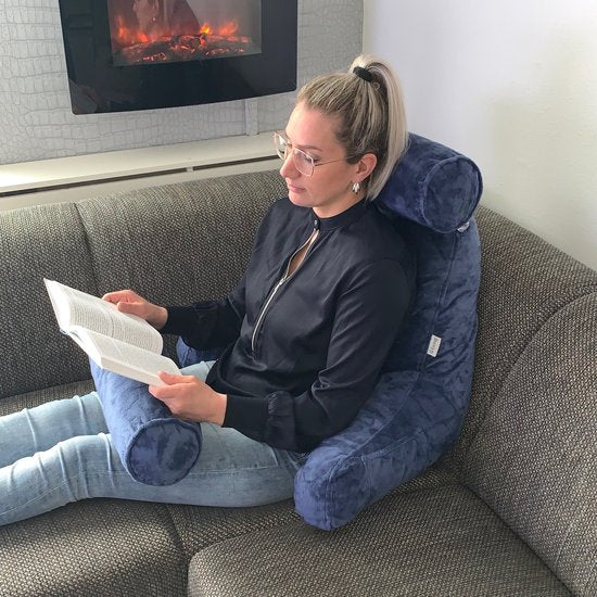 Q-Living XXL Lesekissen mit extra Nackenrolle - Relaxkissen - Sitzkissen - Rückenstütze - Lesekissen fürs Bett - Blau