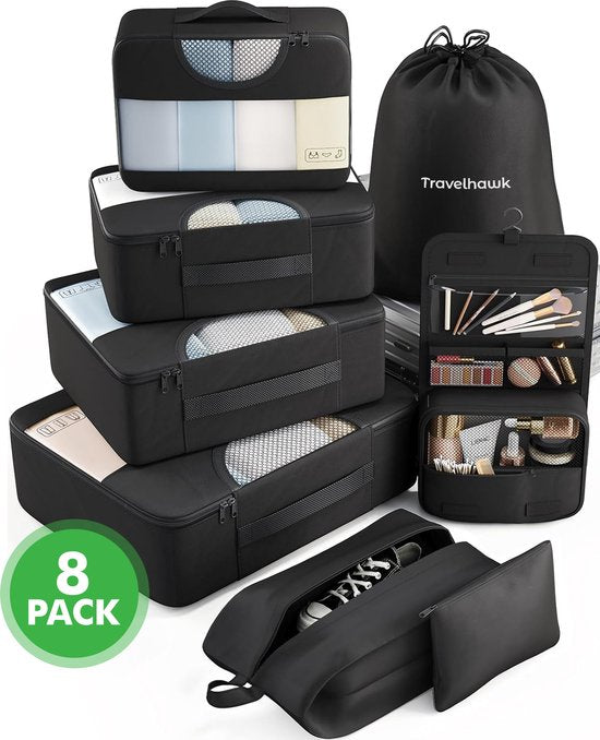 Travelhawk Packing Cubes - Koffer-Organizer-Set - Kleidung - Gepäck-Organizer - 8 Stück - Schwarz