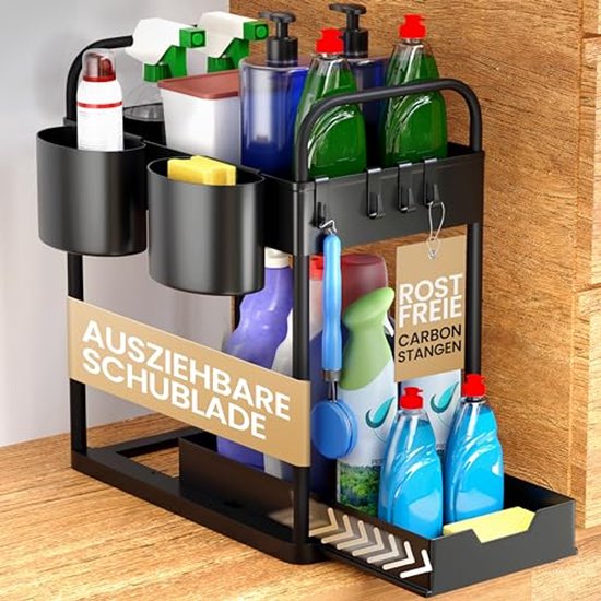 HELDENWERK - Spültischorganisation & Küchenorganisation - 2 Stück - Schwarzer ABS-Kunststoff - Ausziehbar mit 2 Ebenen - Für Küche & Bad - Inklusive Haken & Tabletts - Maximaler Stauraum