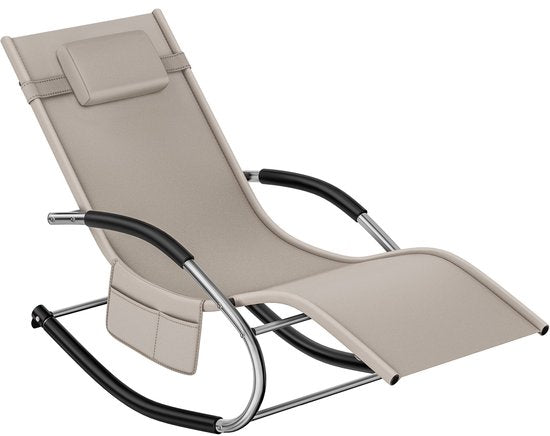 tectake® Liege Taya - Ergonomische Liege für Garten, Terrasse, Balkon - Relaxsessel mit Wippfunktion - Gartenstuhl mit bequemen Armlehnen, Kopfstütze und Ablagefach - wetterfest und wasserabweisend - 120kg Tragkraft - Beige