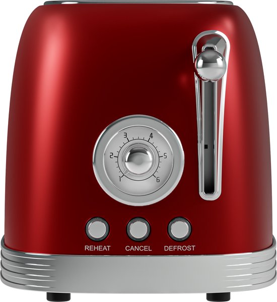 KitchenBrothers Retro-Toaster - Toaster - 6 Heizstufen - 2 extra breite Schlitze - 815W - Rot