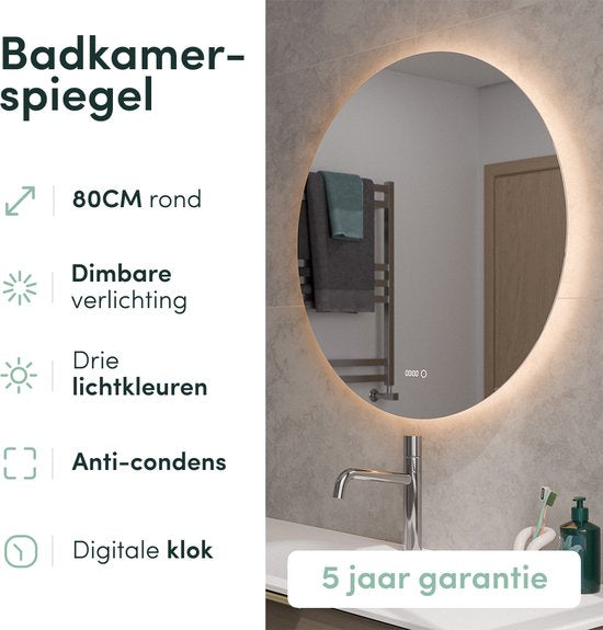 Nolt Badezimmerspiegel mit Beleuchtung - Runder Badezimmerspiegel - Heizung - Uhr - LED - 80 cm