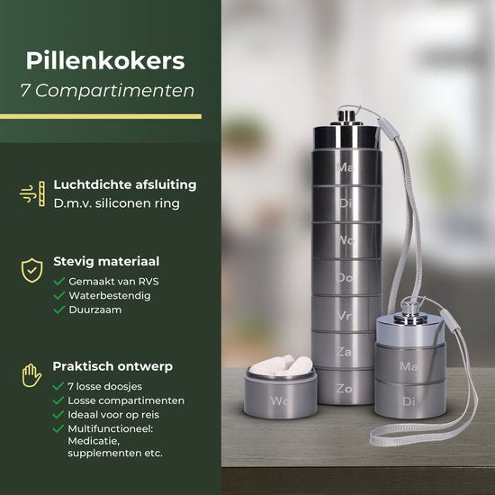 Gandria Pillendose 7 Tage - Herausnehmbare Pillendose - Pillendose mit 7 Fächern - Medikamentenbox mit stabilem Verschluss - Hülle - Wasserdicht - Grau
