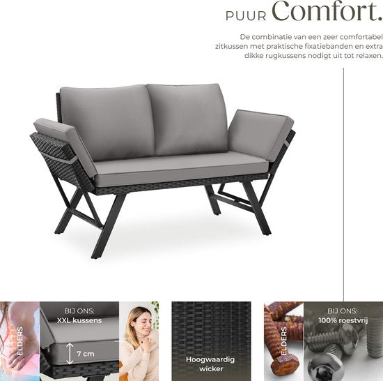 tectake® 2-in-1 Geflecht-Gartenbank Sintra - Verstellbare Handläufe - Gartenset - Liege - Balkon-Lounge-Bank - Inkl. Kissen - Outdoor-Lounge-Sofa - UV- und witterungsbeständige Sonnenliege - Hellgrau/Schwarz