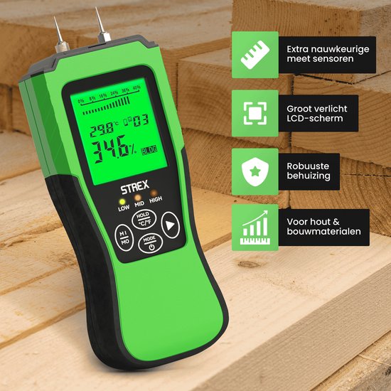 Strex Feuchtigkeitsmessgerät digital - für Holz / Baumaterialien (einschließlich Stein, Gips & Beton) - LCD-Display - Feuchtigkeitsmessgerät - Feuchtemessgerät Wände - inkl. Batterien & Aufbewahrungskoffer