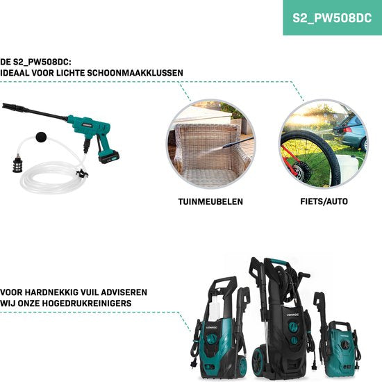 VONROC Accu Druckreiniger 20V - 24bar - 198 l/h - Inklusive 5m Saugschlauch, Reinigungsmittelflasche und verstellbarer Düse - Inklusive 2x 2.0Ah Akku und Schnellladegerät