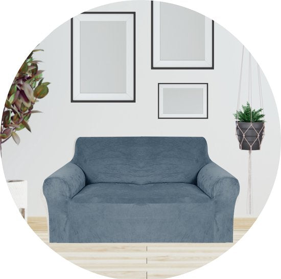 Hilvard - Sofabezug 2-Sitzer Sofas - (145 - 175 cm) - Steinblau - Samt - Stretch - Sofaschoner - Möbelbezug - Gegen Schäden und Flecken - Sitzbezug - Sitzbezug