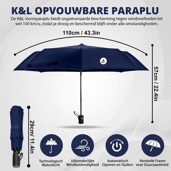 K&L Storm Regenschirm faltbar - sturmsicher bis 100km/h - automatisch aufklappender Regenschirm - inkl. Schutzhülle - Blau
