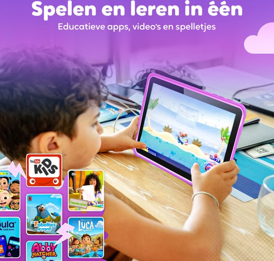 Spoused Kinder-Tablet - 10,1 Zoll - Kinder-Tablet ab 3 Jahren - 64GB - 4GB RAM- 6000 mAh Akku - Inkl. Schutzhülle & Parent Control App - Lila