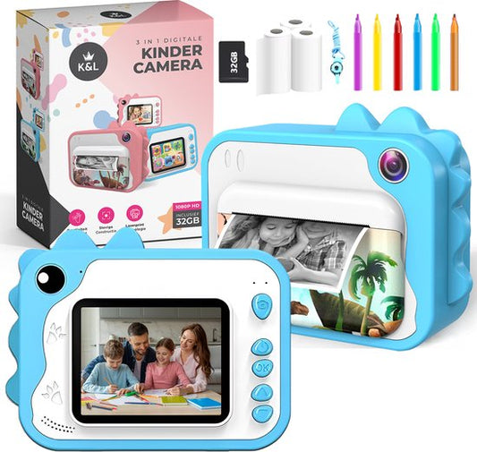 K&L® 3 IN 1 Digitale Kinderkamera + Sofortdruck + Spielkamera - 32GB micro sd Karte - Kamera Kinder - Vlog Kamera mit Spielen - Fotokamera für Kinder - Kleines Spielzeug - Mit Videofunktion - Blau