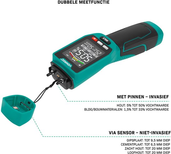 VONROC PRO Feuchtemessgerät - Duale Messfunktion: invasiv (mit Stiften) und nicht-invasiv (mit Sensor) - geeignet für Holz und Baumaterialien - mehrfarbiges LCD-Display