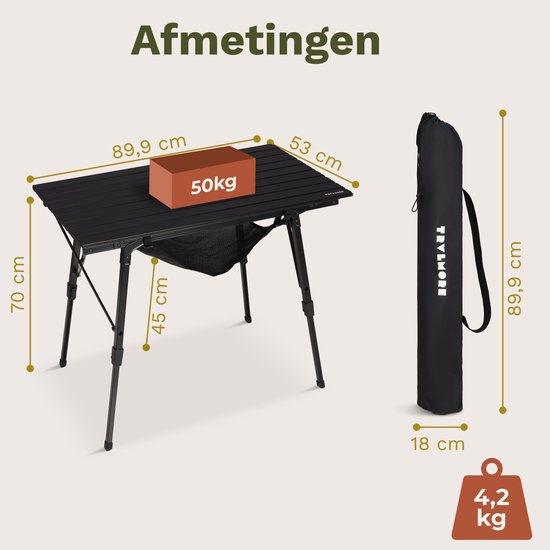 TRVLMORE Campingtisch Verstellbar - 90x52x71cm - Klapptisch mit Aluminiumrahmen - Leichtgewicht - Campingtisch - Klapptisch - Schwarz