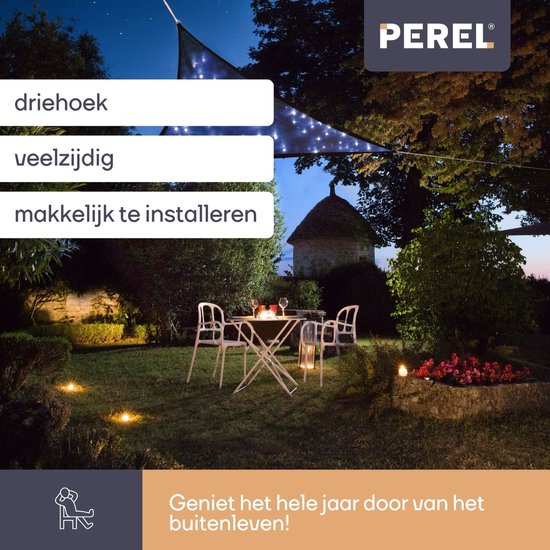 Perel Sonnensegel mit 100 LEDs, Sternenhimmel, Überdachung für Gartenterrasse, Schattentuch, wasserdurchlässig, 90 % UV-Schutz, 3 Edelstahlringe, 3,6 x 3,6 x 3,6 m, 180 g/m², HDPE, Dreieck, dunkelblau
