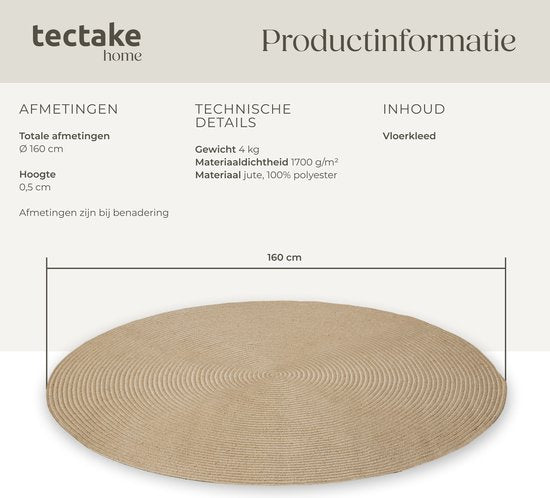 tectake® Flechtteppich - Boho-Stil - Juteteppich für drinnen und draußen - Langlebig und pflegeleicht - Formbeständig und allergikerfreundlich - Runder Teppich - Ø160 cm