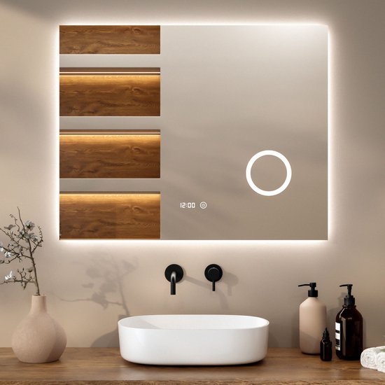Mirlux Badezimmerspiegel - Mit LED-Beleuchtung & Heizung - Anti-Kondensations-Duschspiegel - Rechteckig - 100x80 cm