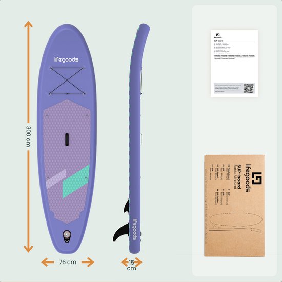 LifeGoods SUP Board All-round Compact - mit Sitz - 100 KG Tragfähigkeit - 300 x 76 cm - Aufblasbar - Komplettes SUP Paket - Lila
