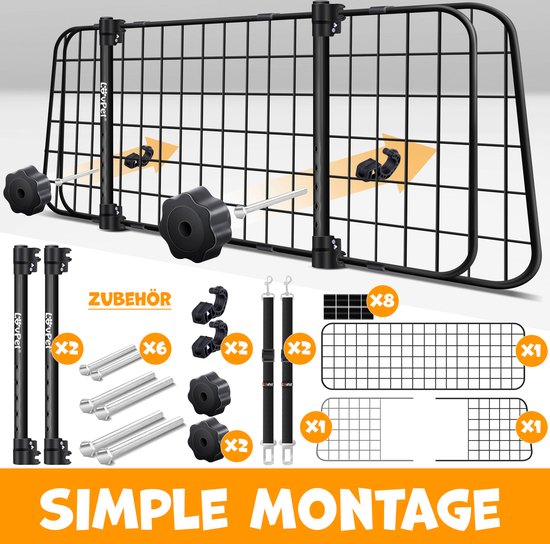 LovPet® Hundehalterung Auto, Universal-Autotrennwand, verstellbare Breite, Kopfstütze Gepäckablage Kofferraumschutz Abmessungen HxB 30 x 91-153 cm , + 2x Sicherheitsgurt für Hunde - Schwarz