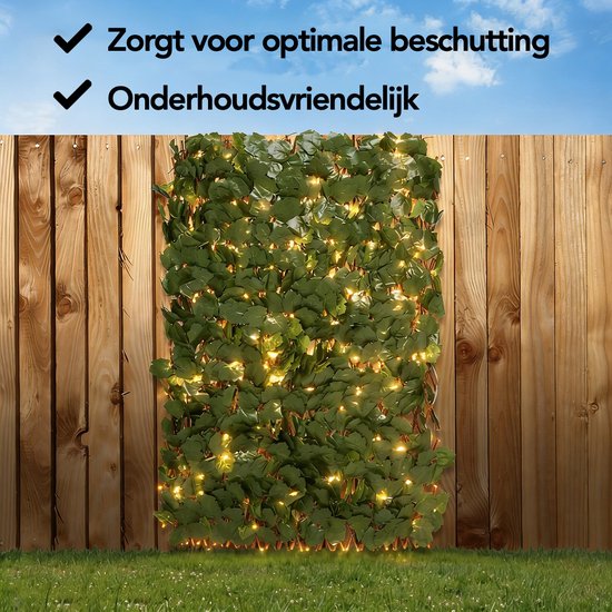 Brixy Künstliche Hecke Solar - Led - Ausziehbar - 180 x 90 cm - Künstlicher Efeu - Künstliche Pflanzen für den Außen- und Innenbereich - Pflanzenimitation - Künstlicher Efeu - Ausziehbar - Licht - Beleuchtung