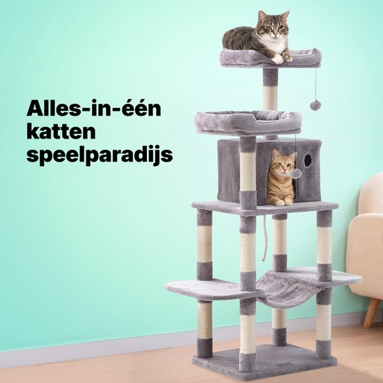 Jake und Jacky Kratzbaum für Katzen – Katzenkratzbaum – Kratzmöbel – Katzenbaum – Kratzbäume – Katzenhaus – Hellgrau – 147 cm hoch