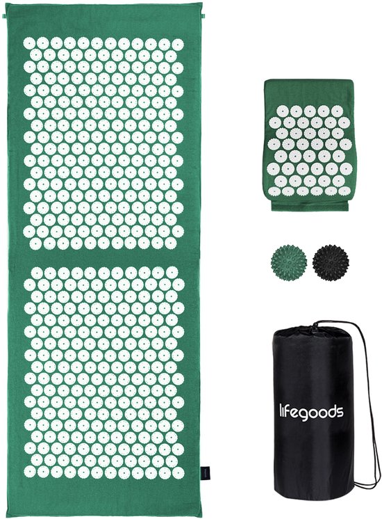 LifeGoods Akupressurmatte XL - mit Kissen - Shakti-Matte - Nagelmatte inkl. 2x Triggerpunktball - 128x48x2cm - Grün/Weiß