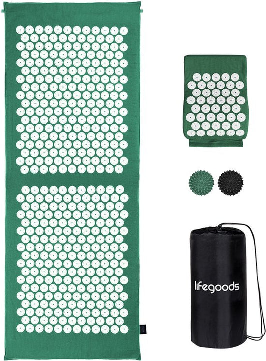 LifeGoods Akupressurmatte XL - mit Kissen - Shakti-Matte - Nagelmatte inkl. 2x Triggerpunktball - 128x48x2cm - Grün/Weiß