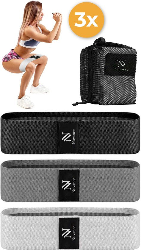 Nuvance - Resistance Bands Set inklusive Tragetasche - 3er Set - Resistance Band - Fitness Elastic - eBook mit zusätzlichen Übungen