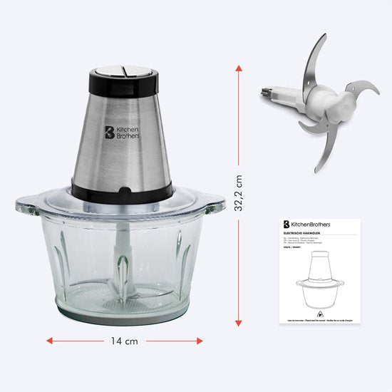 KitchenBrothers Zerkleinerer - Lebensmittelzerkleinerer - Elektrisch - 2 Geschwindigkeiten - 300W - 1.8L - Glasschüssel